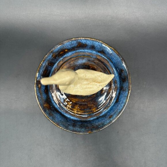Art Pottery Swan Ring Dish Trinket Holder Bird Figurine Jewelry Blue Signed - Picture 6 of 10